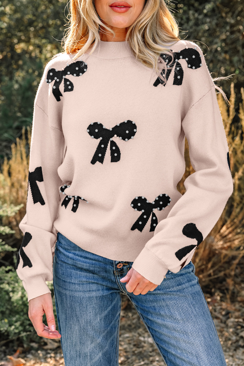 Racing Red Pearl Embellished Bow Pattern Loose Sweater