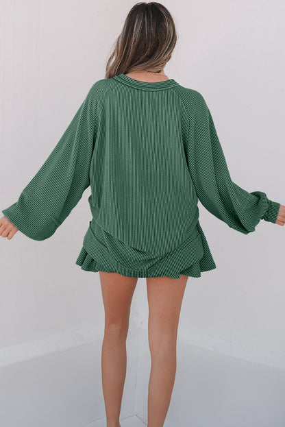Dark Grey Corded Lantern Sleeve Top High Waist Ruffled Mini Skirt Set
