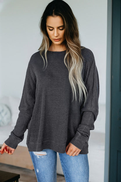 Mist Green Waffle Knit Patchwork Long Sleeve Loose Top