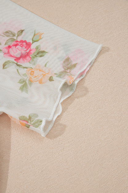 Beige Floral Print Mock Neck Short Sleeve Mesh Top