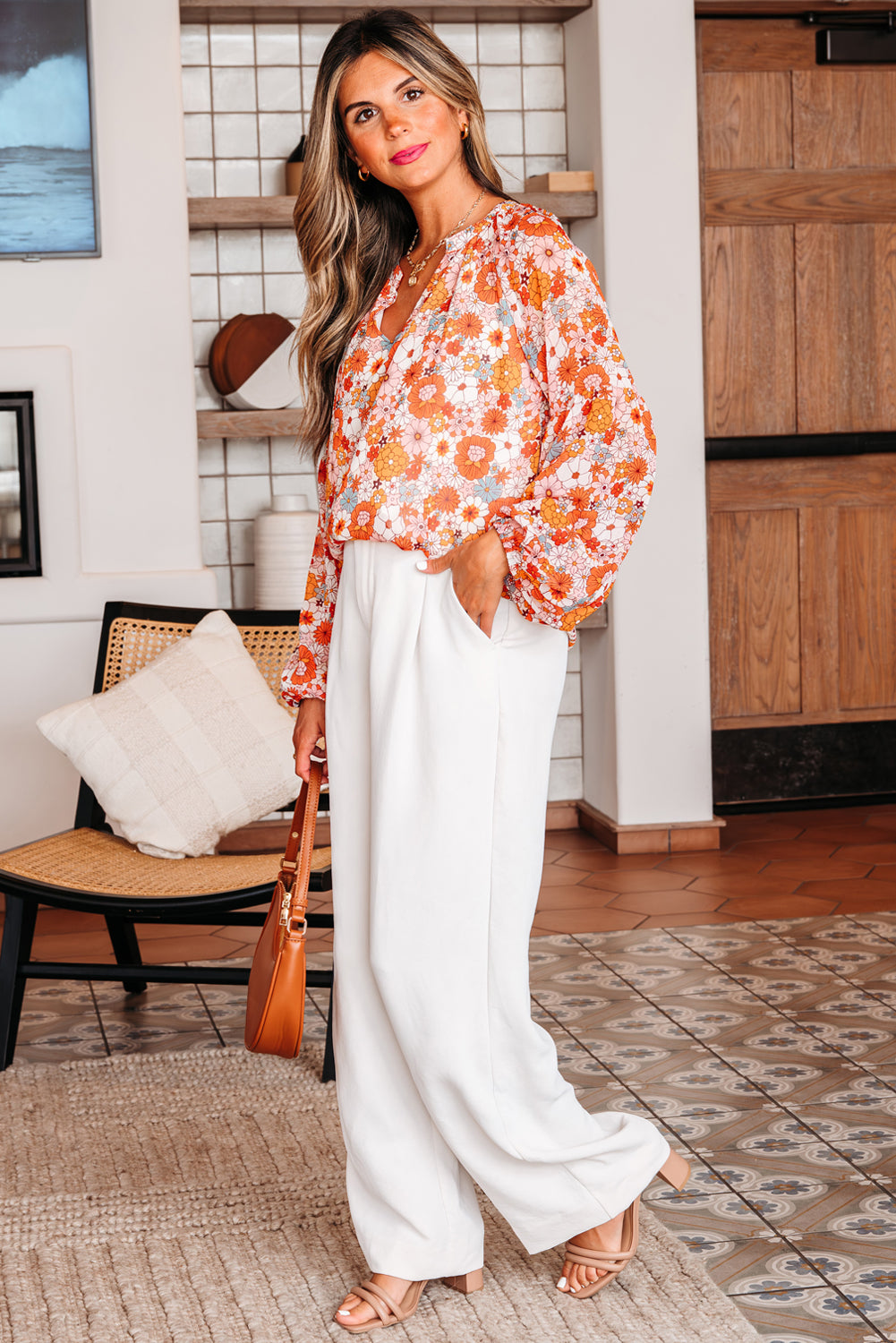 Yellow Floral Print V Neck Long Puff Sleeve Top