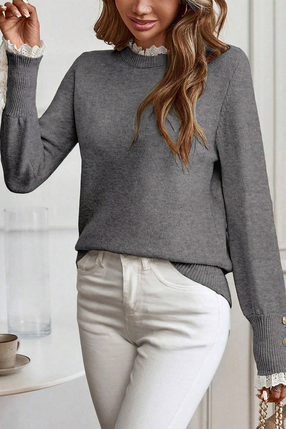 Sleet Lace Trim Patchwork Buttoned Cuffs Loose Sweater