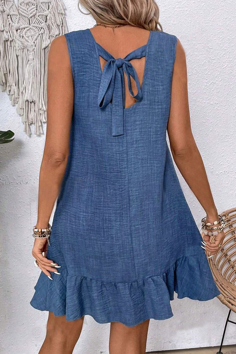 Bright Green Knot Scoop Back Ruffle Hem Sleeveless Mini Dress