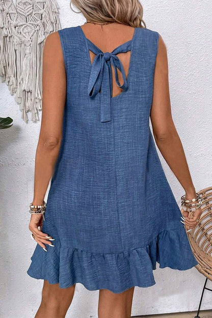 Bright Green Knot Scoop Back Ruffle Hem Sleeveless Mini Dress
