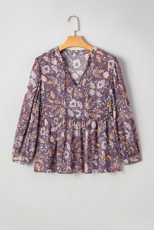 Blue Boho Flower Print 3/4 Sleeve Babydoll Blouse
