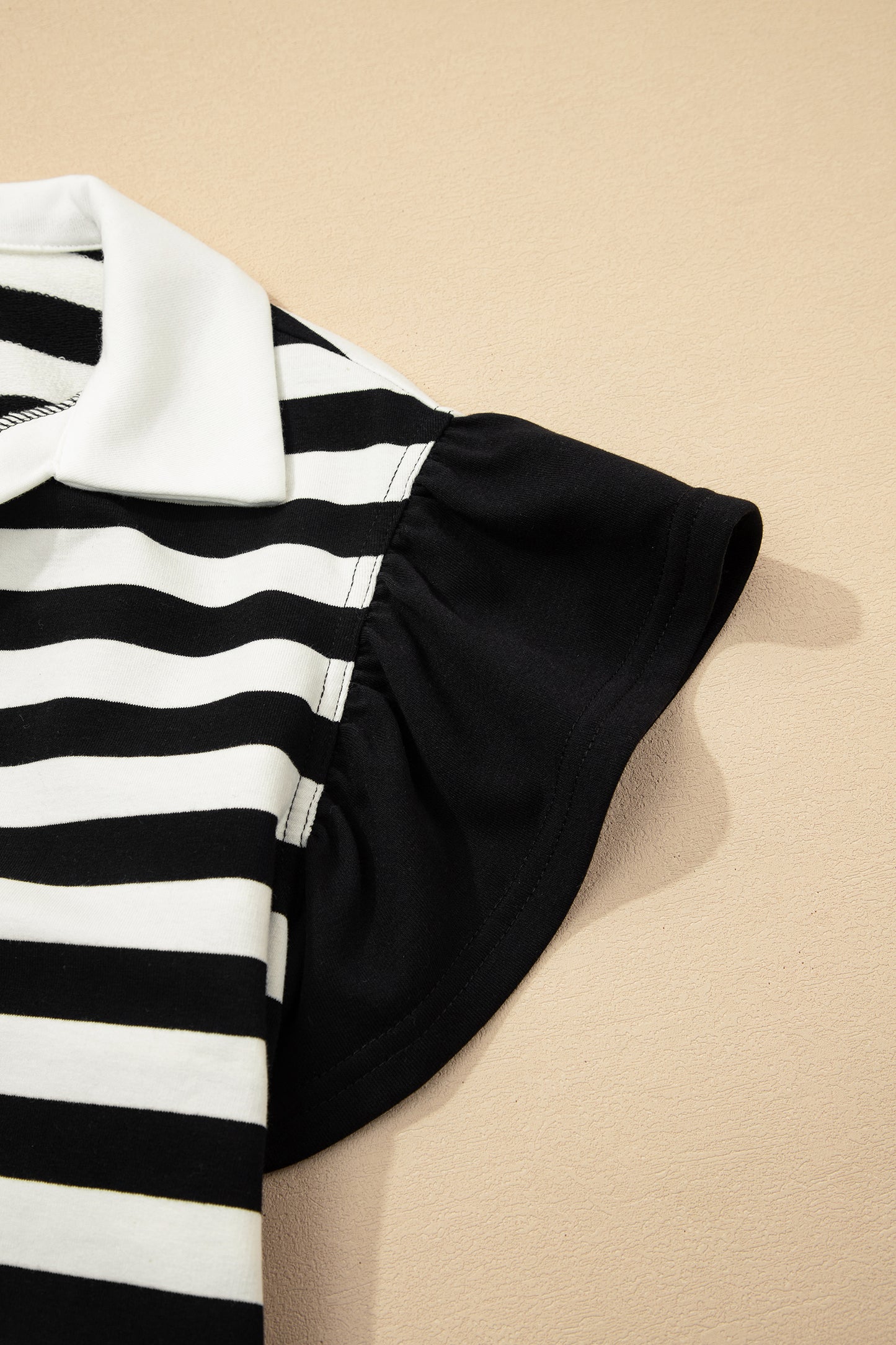 Green Stripe Collar V Neck Ruffled Short Sleeve Blouse