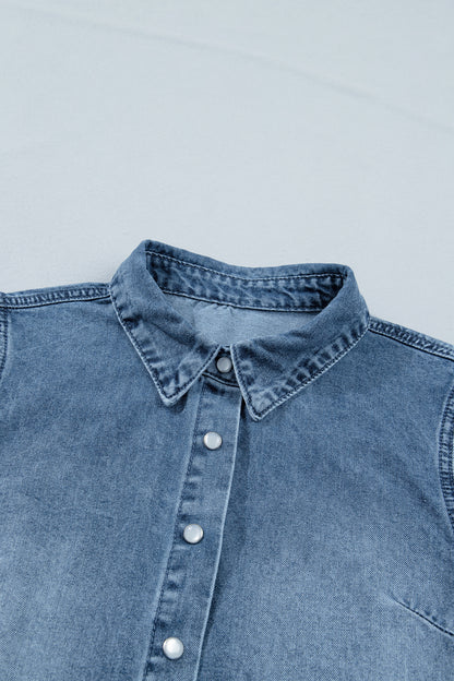 Beau Blue Frilled Short Sleeve Snap Button Denim Shirt
