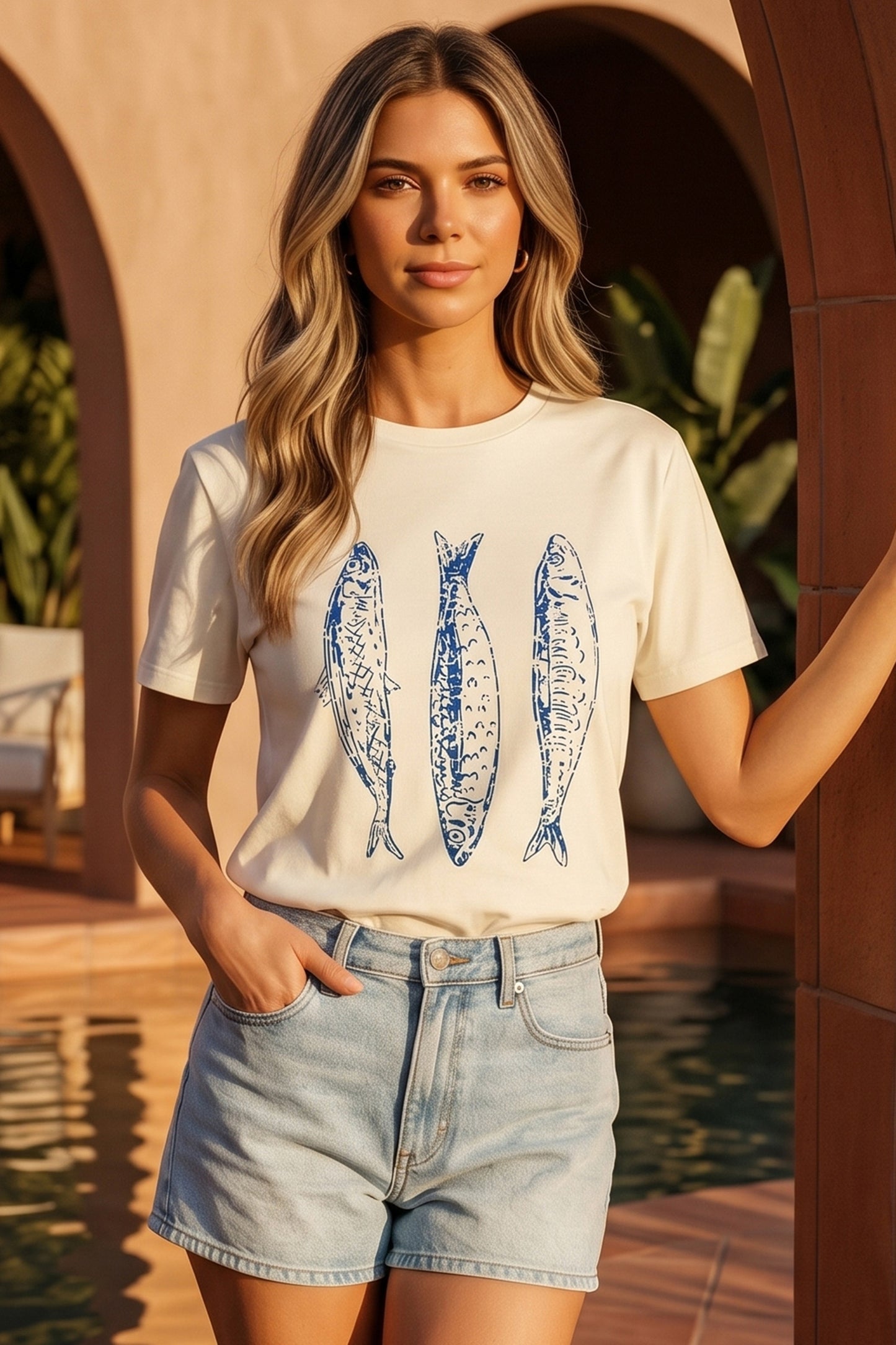 White Fish Print Short Sleeve Round Neck T Shirt