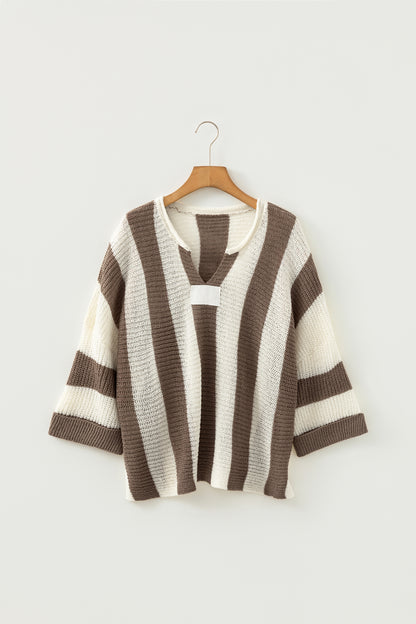 Red Stripe Colorblock V Neck Bracelet Sleeve Sweater