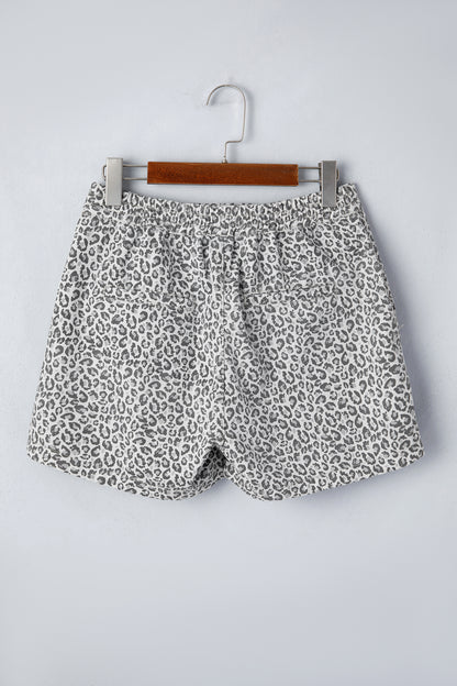 Gray Leopard Print Wrap Front Denim Shorts