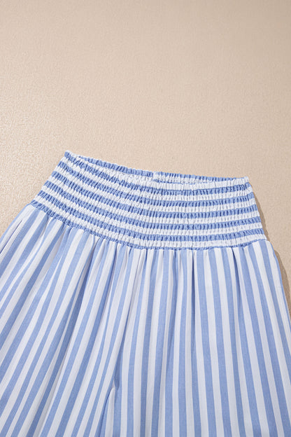 Black Stripe Shirred High Waist Loose Summer Pants