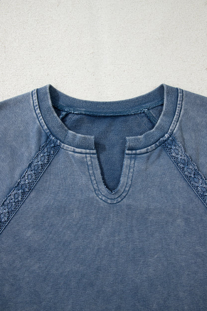 Red Dahlia Lace Patchwork Detail Notched Neck Mineral Wash Baggy Sweatshirt