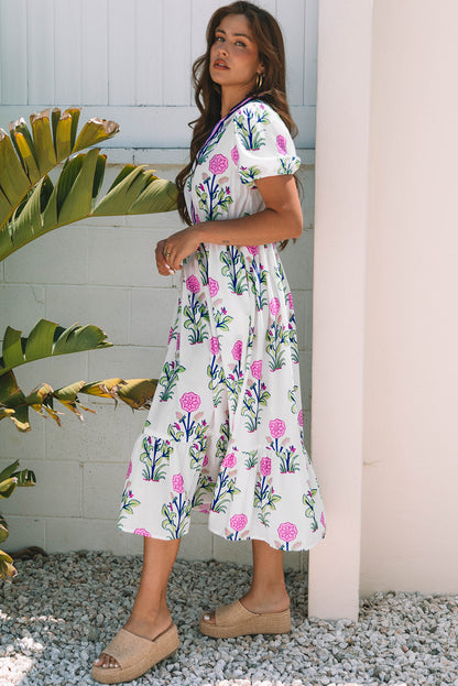 Sky Blue Floral Puff Short Sleeve V Neck High Waist Maxi Dress