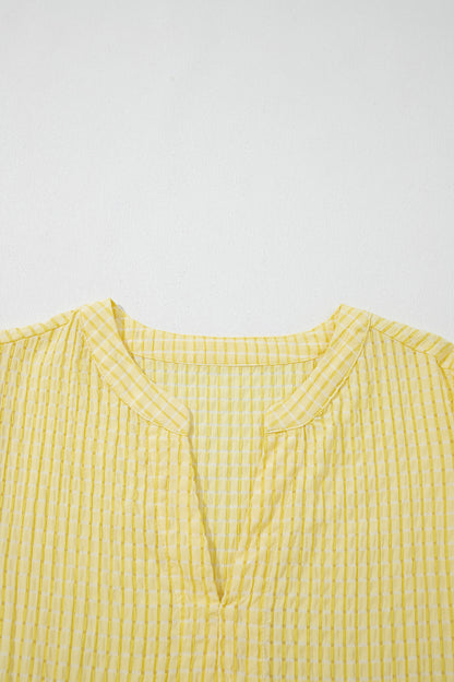 Yellow Gingham Textured Bow Tie Short Sleeve Tiered Midi Dress
