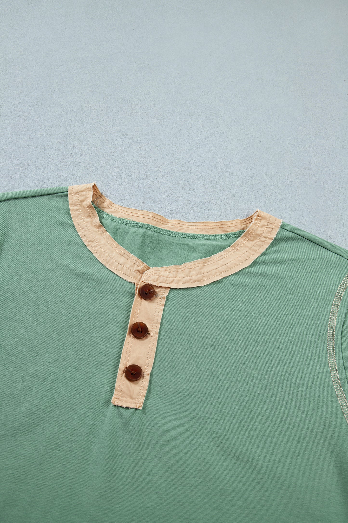 Light Grey Raw Seam Color Block Detail Buttoned Henley Tee