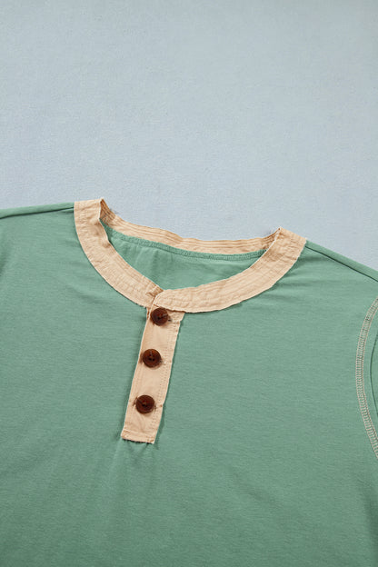 Light Grey Raw Seam Color Block Detail Buttoned Henley Tee