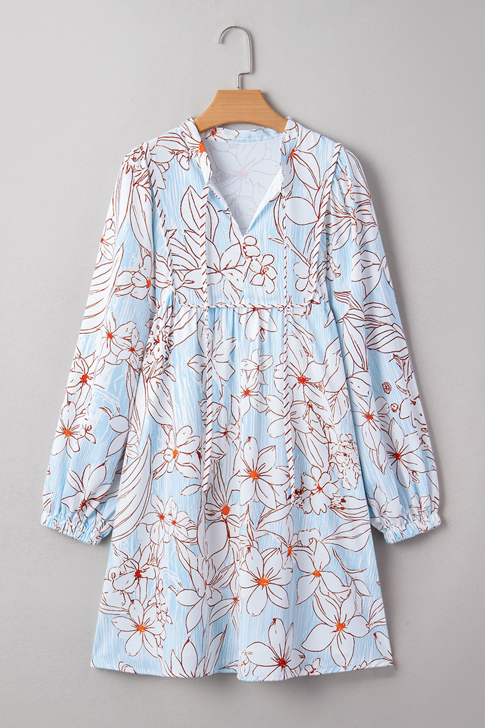 Brown Floral Print Tie Neck 3/4 Sleeve Mini Dress