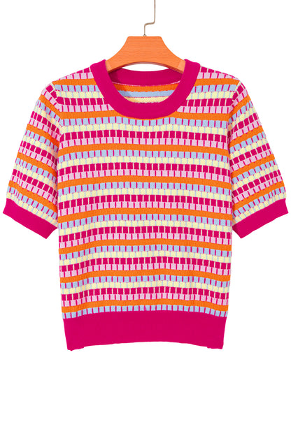 Orange Abstract Striped Knit Short Sleeve Sweater