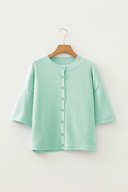 Peach Blossom 3/4 Sleeve Boxy Knit Button Down Sweater Cardigan
