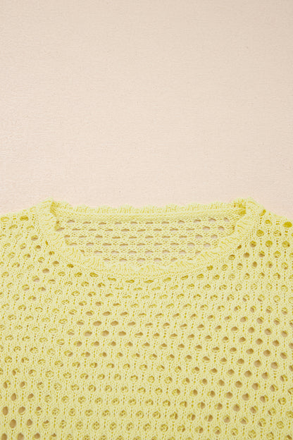 White Scalloped Trim Hollow Out Knit Long Sleeve Top