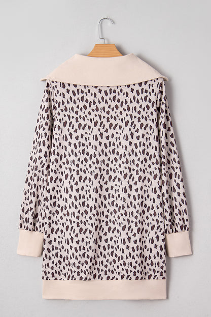 Khaki Leopard Print Zip up Collar Patchwork Shift Mini Dress