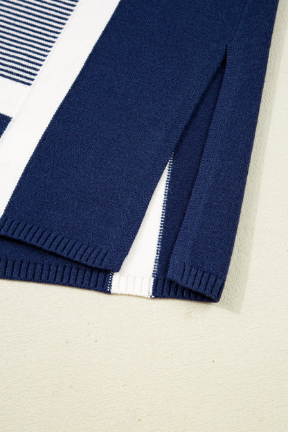 Blue Stripe Color Block Patchwork Dolman Oversize Tunic Sweater