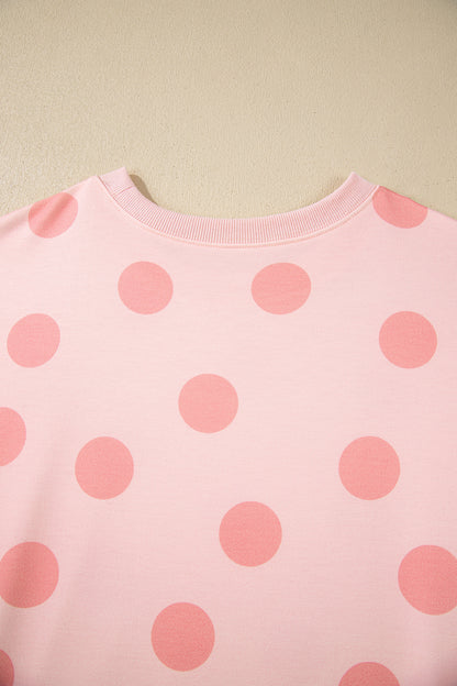 Sky Blue Polka Dot Print Drop Shoulder Pullover Drawstring Shorts Set