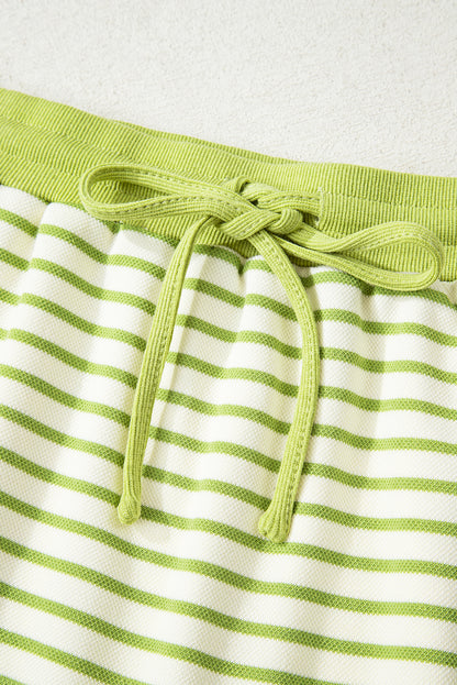 Pink Stripe Collared V Neck Drop Shoulder Pullover and Skort 2pcs Outfit