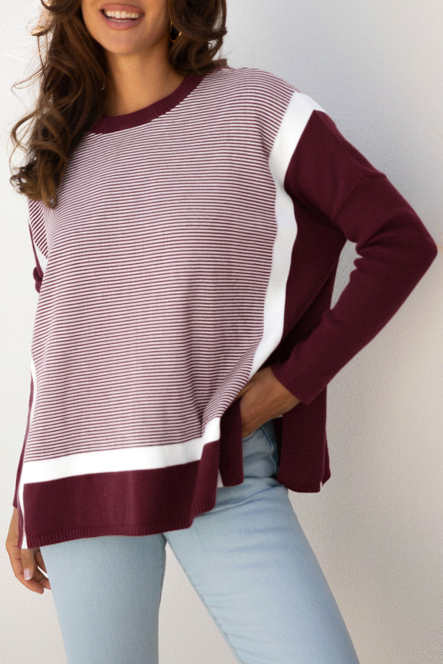 Green Stripe Color Block Patchwork Dolman Oversize Tunic Sweater