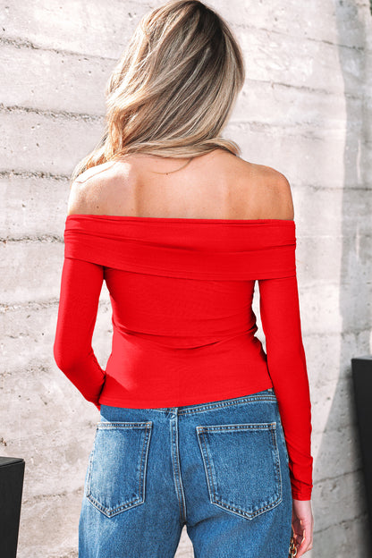 Smoke Gray Foldover Off Shoulder Long Sleeve Slim Top