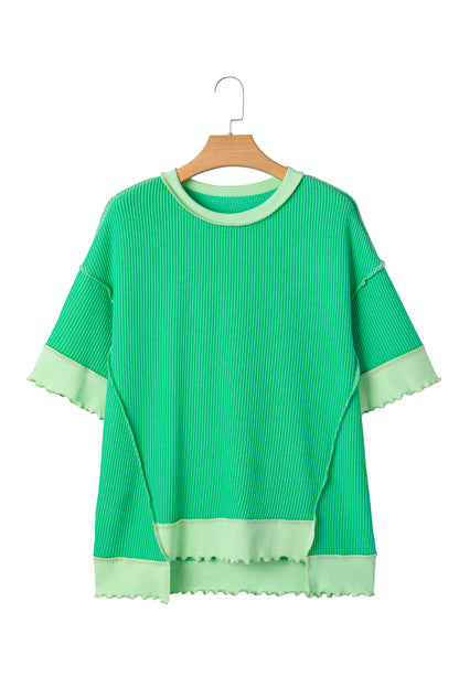 Mint Green Loose Uneven Hem Twist Ribbed T Shirt
