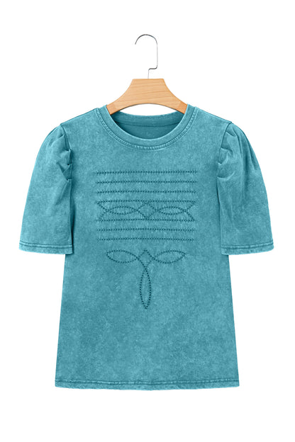 Turquoise Mineral Wash Western Embroidered Detail Short Puff Sleeve Cotton Tee