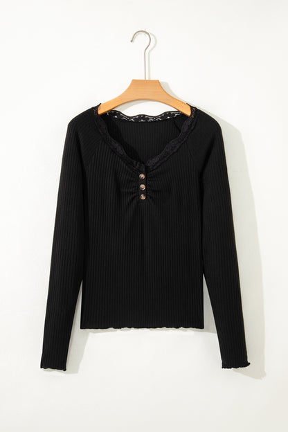 Black Lace Neckline Button Decor Lettuce Edge Long Sleeve Ribbed Top