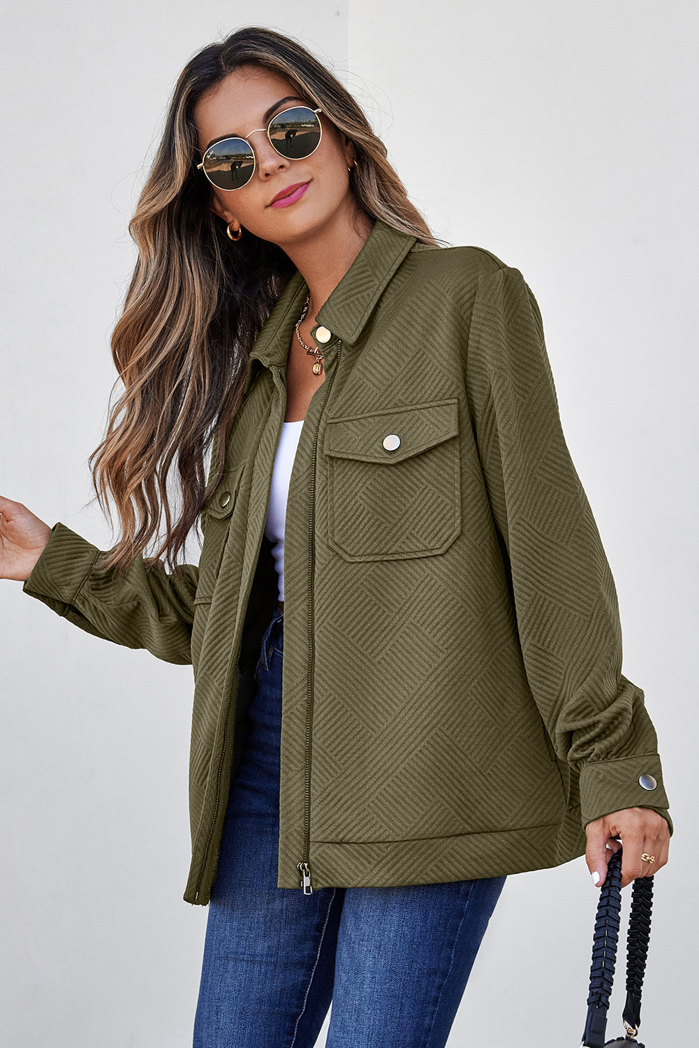 White Solid Color Zip Up Button Flap Pocket Shirt Collar Jackets