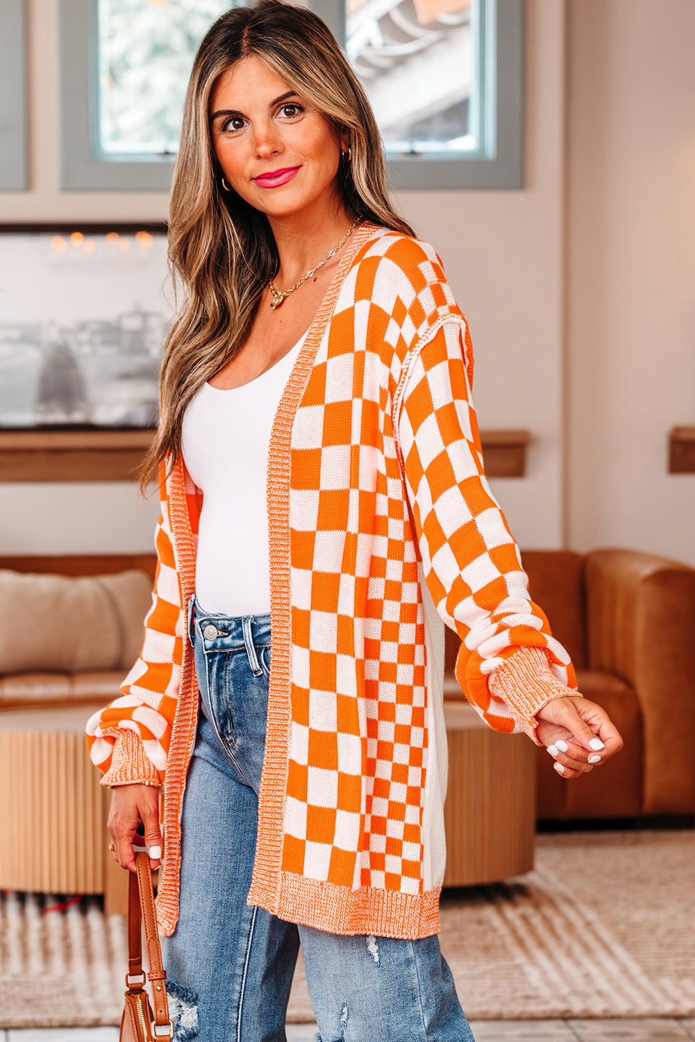 Black Checkered Open Front Drop Shoulder Cardigan