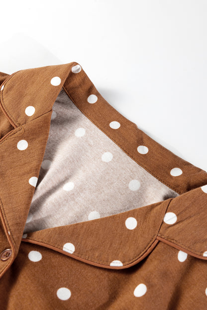 Brown Polka Dot Print Long Sleeve Shirt Pant 2pcs Pajama Set