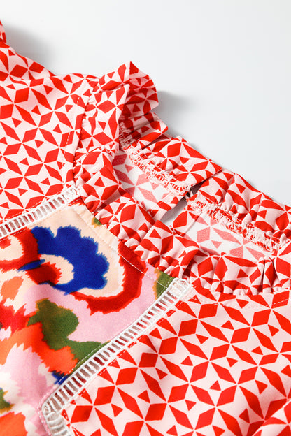 Red Paisley Geometric Mixed Print Patchwork Puff Sleeve Blouse Top