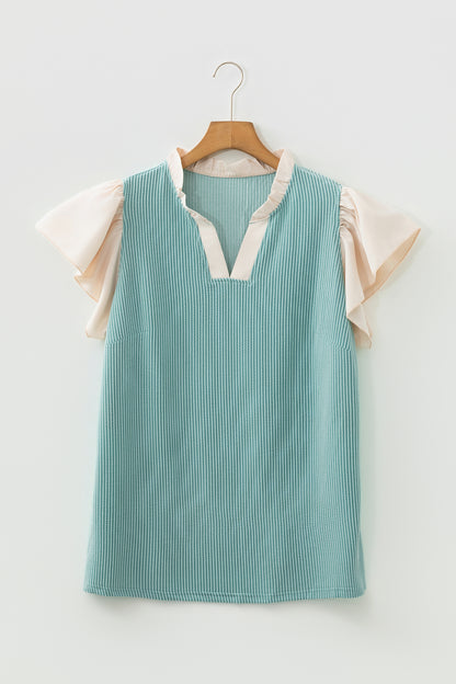 Light Blue Plus Size Contrast Frilled Neckline Ruffled Short Sleeve Ribbed Textured Blouse
