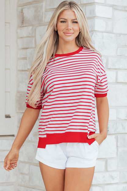 Red Stripe Drop Shoulder Half Sleeve T Shirt