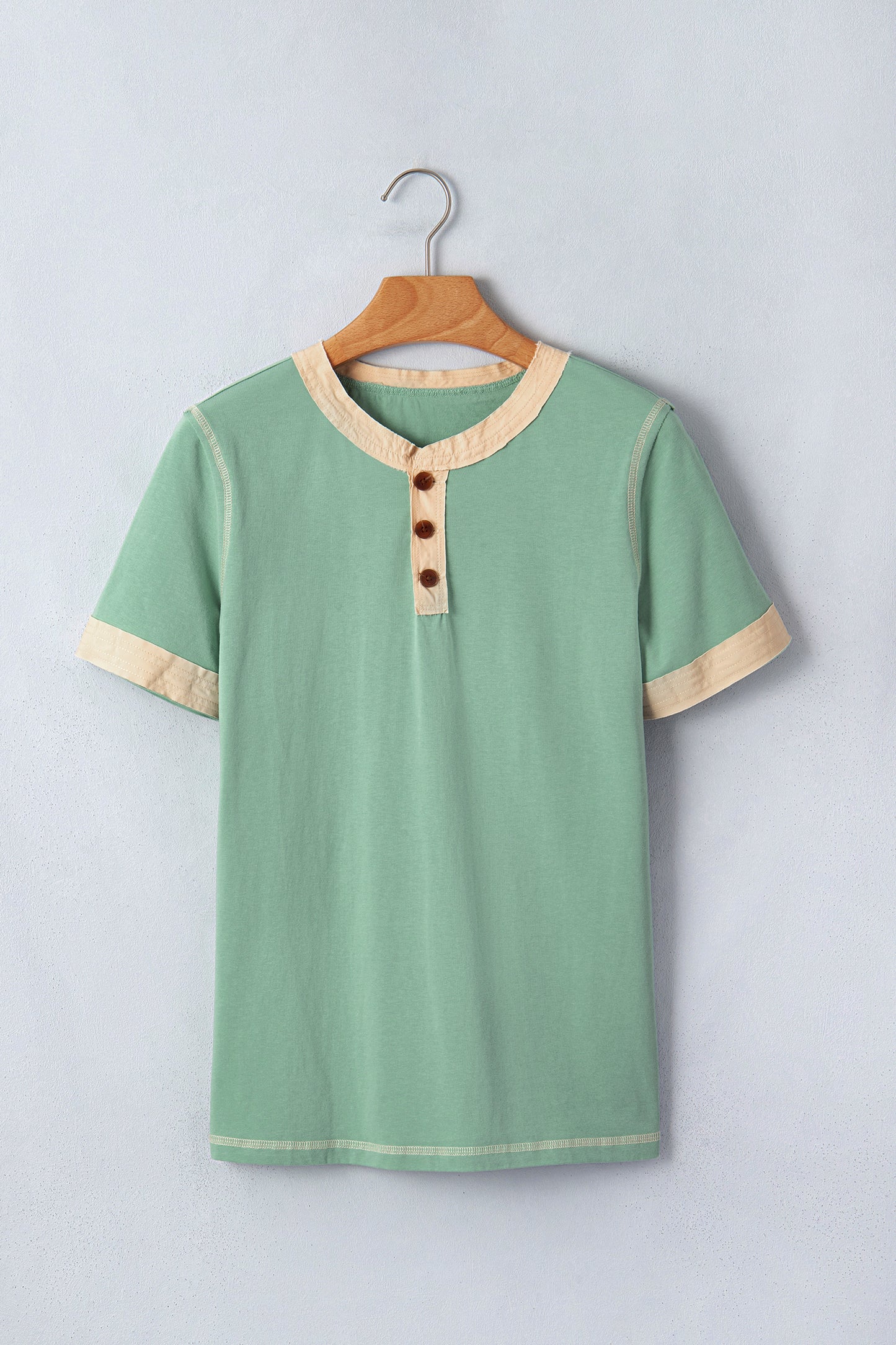 Light Grey Raw Seam Color Block Detail Buttoned Henley Tee