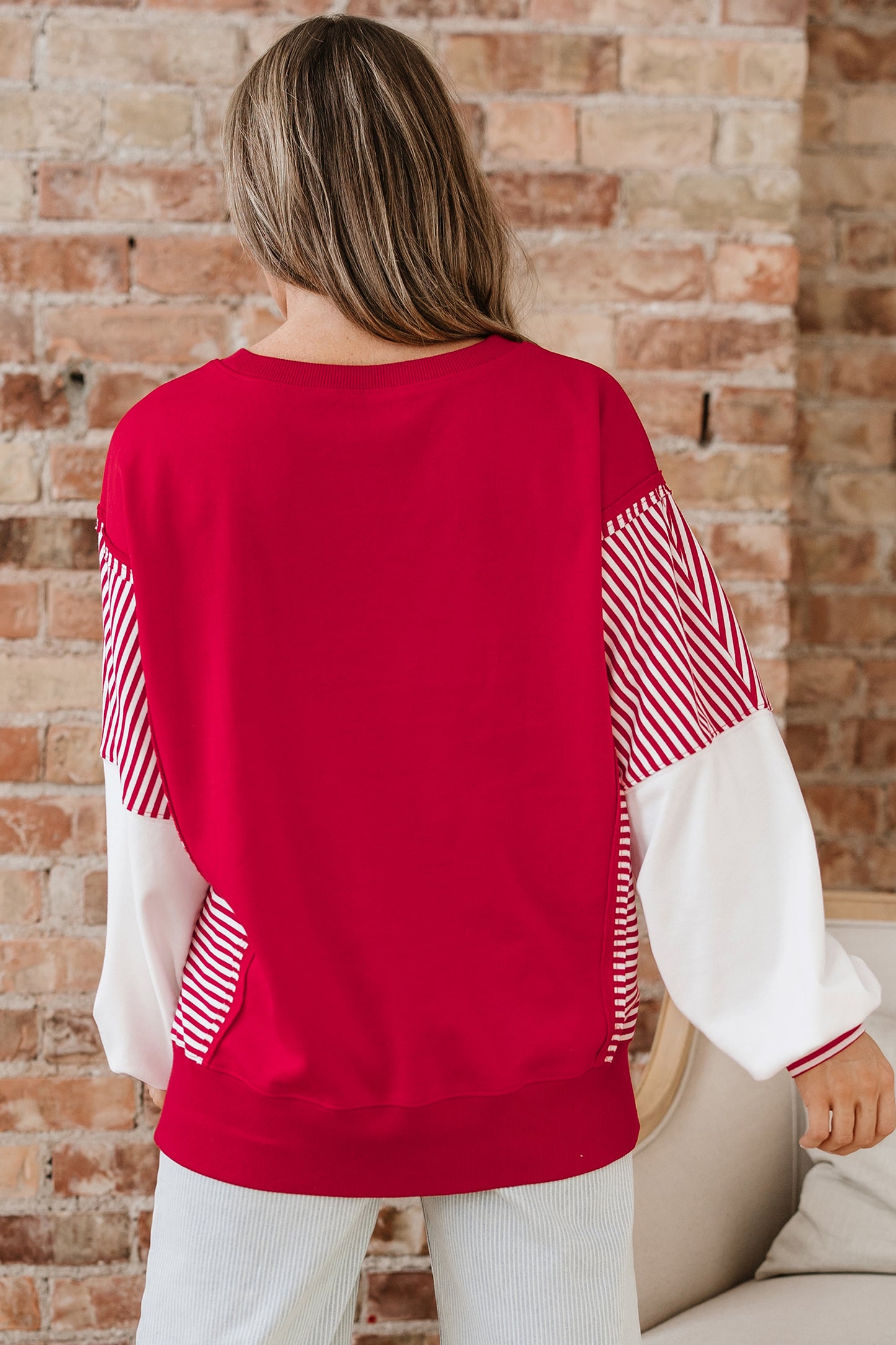 Dark Blue Striped Patchwork Sleeve Colorblock Sweatshirt