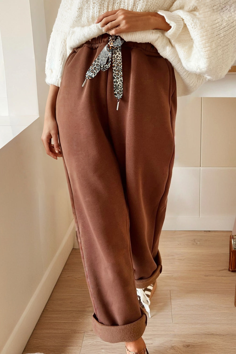 Oatmeal Fleece Lined Leopard Drawstring Elastic Waist Solid Pants