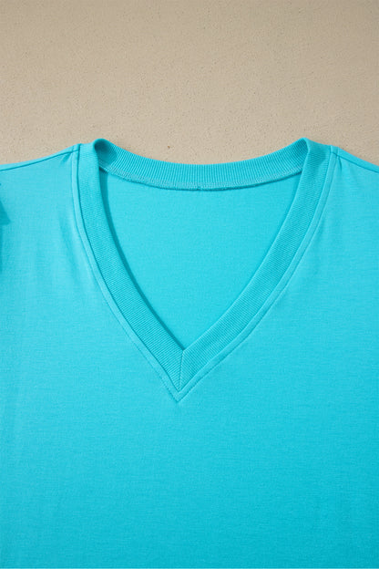 Mint Green Solid Color V Neck Short Puff Sleeve Blouse