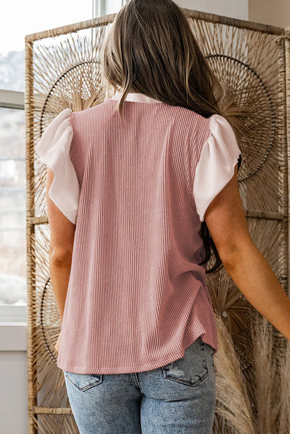 Light Blue Plus Size Contrast Frilled Neckline Ruffled Short Sleeve Ribbed Textured Blouse