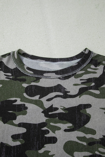 Brown Retro Camouflage Print Exposed Seam Patchwork Drop Shoulder Sweatshirt
