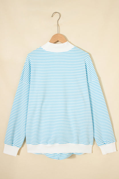 Sky Blue Stripe Oversize Mock Neck Sweatshirt and Shorts Set