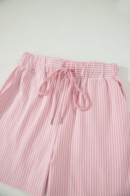 Khaki Stripe Dolman Sleeve Polo Shirt and Drawstring Shorts Set