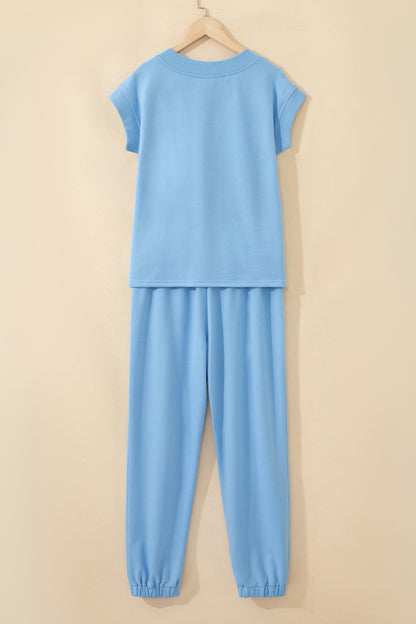 Apricot Pink Solid Color V Neck Tee Drawstring Pant Set