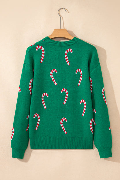 Racing Red Christmas Candy Cane Holiday Drop Shoulder Sweater