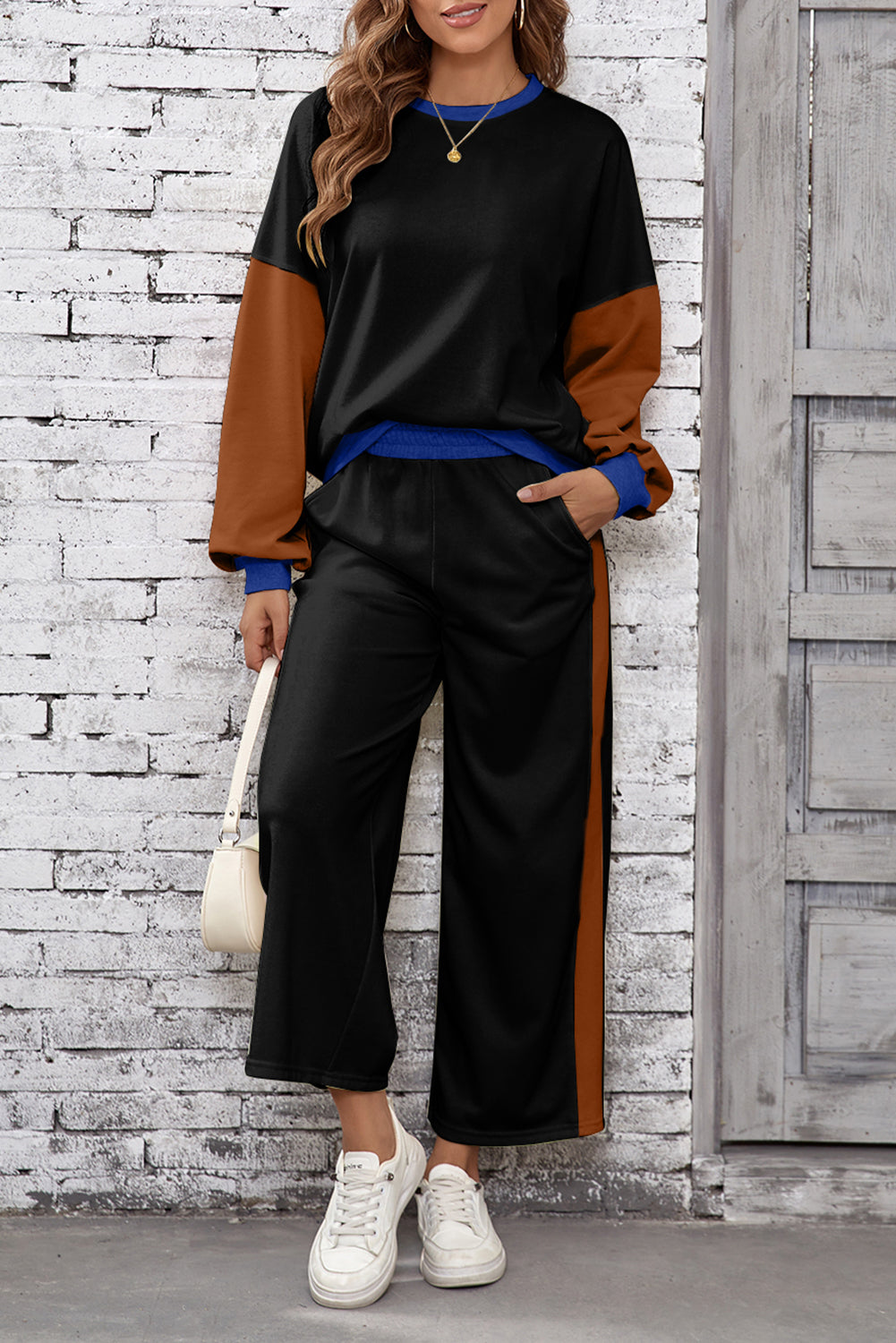 Blackish Green 2pcs Color Block Pullover Loose Pant Set